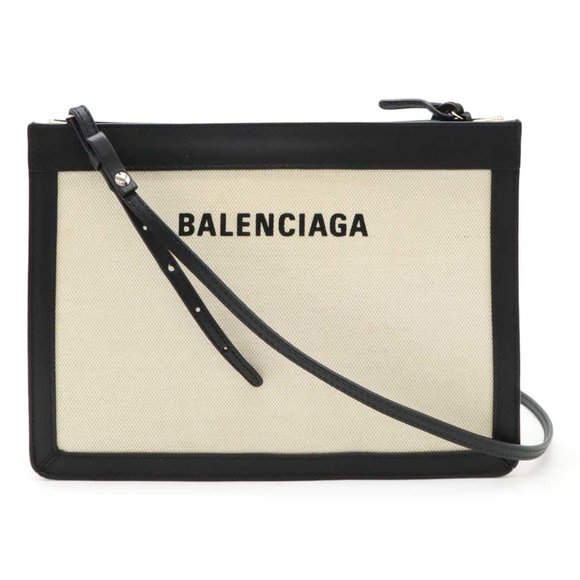 BALENCIAGA Navy Pochette Shoulder Bag Clutch Canvas Leather Natural Black 339937 - Picture 1 of 10